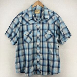WRANGLER Shirt Mens 2XL Western Plaid Pearl Snap Short Sleeve Camp Woven Blue